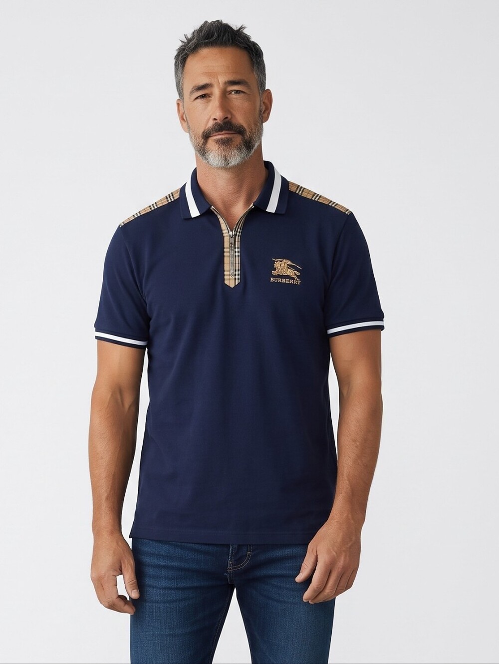 Burberry Navy Short-Sleeve Polo with Nova Check Trim